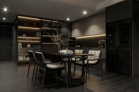Interior of dining space with black and luxury items.の写真素材