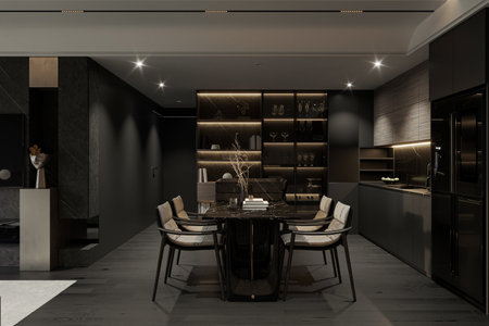 Black interior design in the dining room with cozy chairs set up.の写真素材