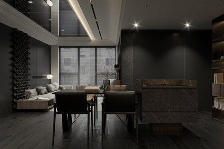 A general view of the modern interior in the living, dining, and kitchen areas.の写真素材