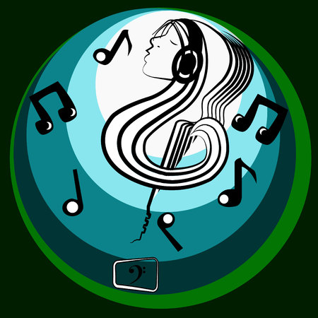 Girl with musical note shape, contains a guitar surrounded by musical notes coming out of a smartphoneのイラスト素材