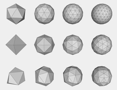 Set of geometric vector mesh sphere constructed with connected triangles. Futuristic technology style. Low poly form.のイラスト素材