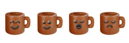 Set funny kawaii style hot coffee or tea cup with different emotion. Realistic cute cartoon characters. Trendy 3d vector illustration. Collection simple creative design element. food concept art.のイラスト素材