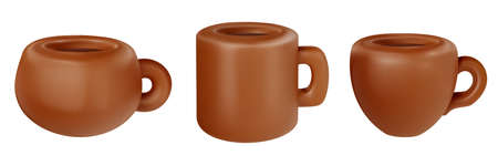 Collection 3d cartoon brown clay mug with coffee or tea isolated on white background. Set realistic cute vector illustration. Minimalistic stylized element.のイラスト素材