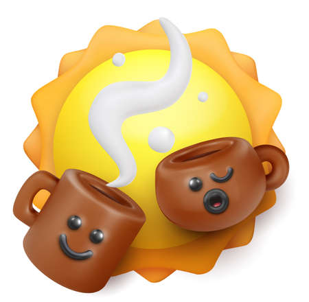 Funny kawaii style two coffee or tea cup with sun. Realistic cute cartoon characters. Trendy 3d vector illustration. Creative design element on white background. food concept art.の写真素材