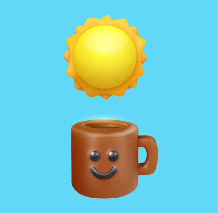 Funny kawaii style coffee or tea cup with sunn. Realistic cute cartoon characters. Trendy 3d vector illustration. Creative design element on simple background. food concept art.のイラスト素材