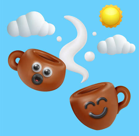 Funny kawaii style two coffee or tea cup with sun and clouds. Realistic cute cartoon characters. Trendy 3d vector illustration. Creative design element on blue sky background. food concept art.の写真素材