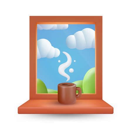 Funny cartoon style hot coffee or tea cup with white steam on window. Realistic sweet concept art. 3d vector illustration. Cute minimalistic design composition isolated on clean background.のイラスト素材