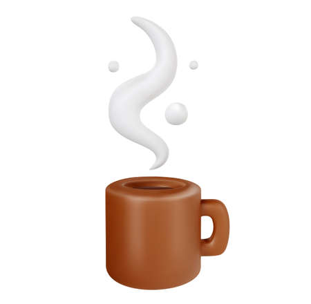 3d cartoon brown clay mug with hot coffee or tea isolated on white background. Realistic cute vector illustration. Minimalistic stylized element.のイラスト素材