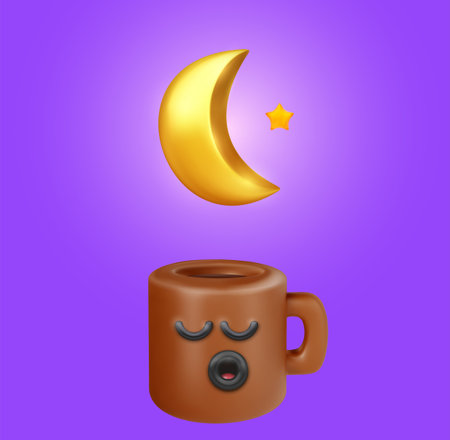 Funny kawaii style coffee or tea cup with moon and star. Realistic cute cartoon characters. Trendy 3d vector illustration. Creative design element on simple background. food concept art.のイラスト素材