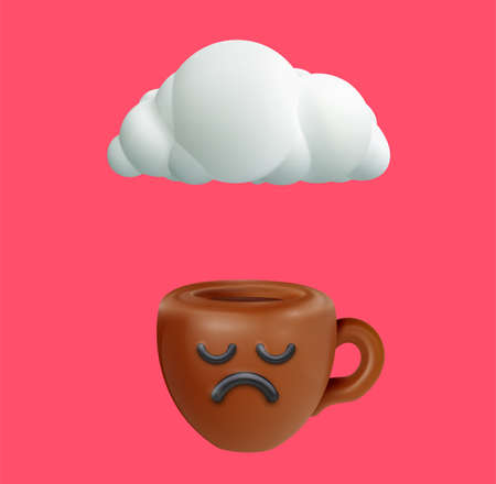 Funny kawaii style coffee or tea cup with cloud. Realistic cute cartoon character. Trendy 3d vector illustration. Creative design element on simple background. food concept art.のイラスト素材