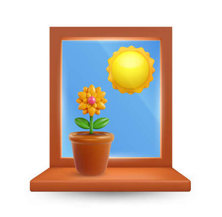 Beautiful flower in pot on wood window isolated on white background. Realistic modern minimal design element. 3d vector illustration.のイラスト素材