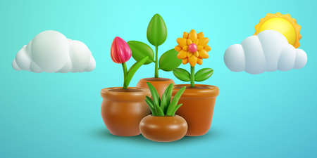 Collection of flower plants in pot isolated on blue background with cloud and sun. Set realistic modern minimal design elements. 3d vector illustration.の写真素材