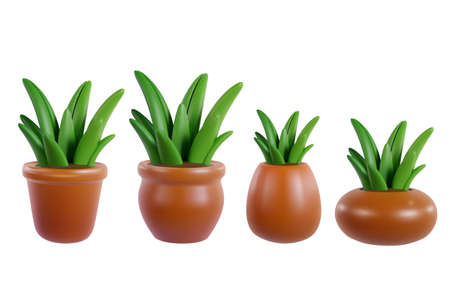 Set green plants in pot isolated on white background. Collection realistic modern minimal design elements. 3d vector illustration.の写真素材