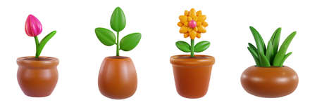 Collection of green plants in pot isolated on white background. Set realistic modern minimal design elements. 3d vector illustration.のイラスト素材