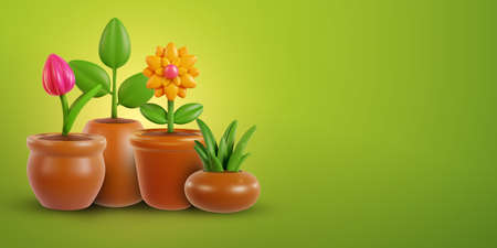 Collection of flower plants in pot isolated on green background. Set realistic modern minimal design elements. 3d vector illustration.の写真素材