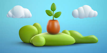 Green plant in pot isolated on blue background with grass hill or island, cloud and sun. Realistic modern minimal design element. 3d vector illustration.のイラスト素材