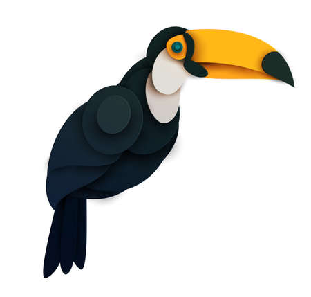 Abstract toucan bird isolated on white background. Creative 3d concept in cartoon craft paper cut style. Colorful minimal design character. Modern geometric vector illustration.のイラスト素材