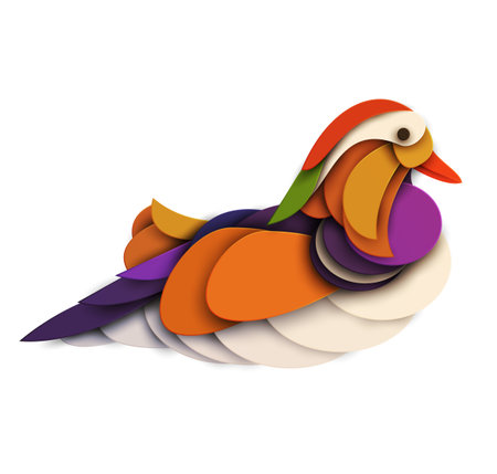 Abstract mandarin duck isolated on white background. Creative 3d concept in cartoon craft paper cut style. Colorful minimal design character. Modern geometric vector illustration.のイラスト素材