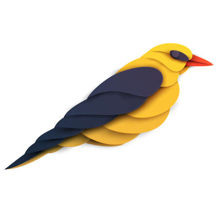 Abstract oriole bird isolated on white background. Creative 3d concept in cartoon craft paper cut style. Colorful minimal design character. Modern geometric vector illustration.のイラスト素材