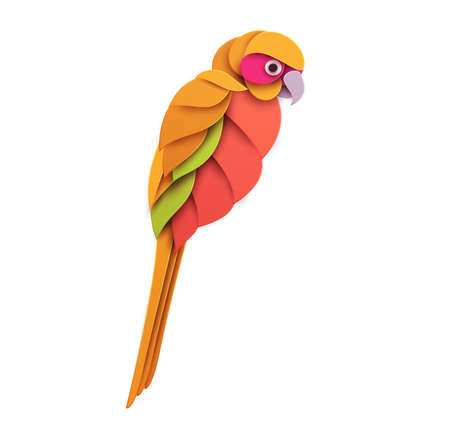 Abstract aratinga bird isolated on white background. Creative 3d concept in cartoon craft paper cut style. Colorful minimal design character. Modern geometric vector illustration.のイラスト素材