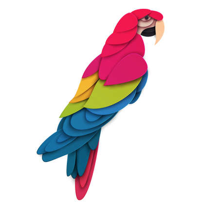 Abstract macaw bird isolated on white background. Creative 3d concept in cartoon craft paper cut style. Colorful minimal design character. Modern geometric vector illustration.のイラスト素材
