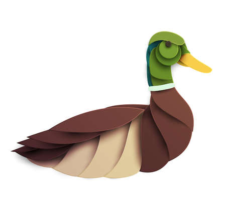 Abstract wild duck bird isolated on white background. Creative 3d concept in cartoon craft paper cut style. Colorful minimal design character. Modern geometric vector illustration.のイラスト素材