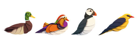 Set of abstract birds isolated on white background. Duck, puffin, oriole. Creative 3d concept in cartoon craft paper cut style. Colorful minimal character. Vector illustration.のイラスト素材