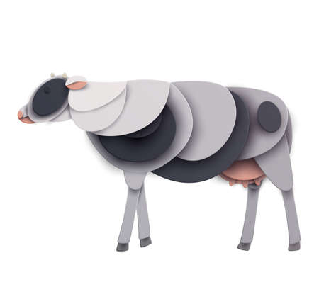 Cow silhouette isolated on white background. Abstract farm animal. Creative 3d concept in cartoon craft paper cut style. Colorful minimal design character. Modern geometric vector illustration.のイラスト素材