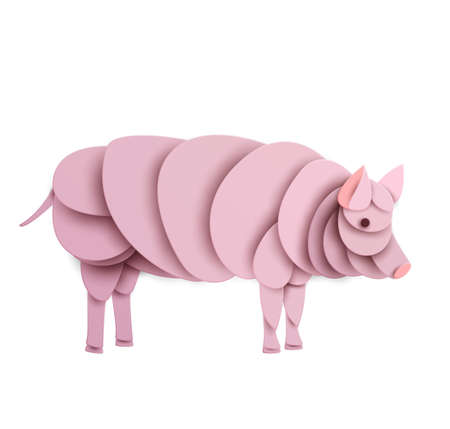 Pig silhouette isolated on white background. Abstract farm animal. Creative 3d concept in cartoon craft paper cut style. Colorful minimal design character. Modern geometric vector illustration.のイラスト素材