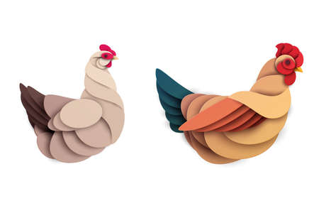 Rooster and chicken silhouette isolated on white background. Abstract farm animal. Creative 3d concept in cartoon paper cut style. Minimal design character. Modern geometric vector illustration.のイラスト素材