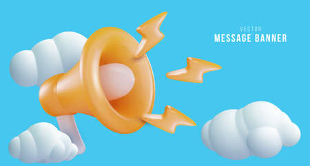 3d cartoon megaphone with lightning and white clouds isolated on blue background. Realistic modern minimal design banner. Vector illustration.の写真素材