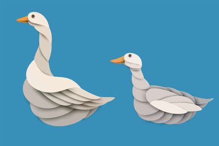 Goose and duck silhouette isolated on blue background. Abstract farm animal. Creative 3d concept in cartoon craft paper cut style. Minimal design character. Modern geometric vector illustration.のイラスト素材