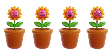 Set funny flowers in cute kawaii style isolated on white background. Collection realistic minimal happy character element. 3d vector illustration.の写真素材