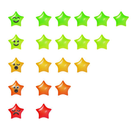 Set five color glossy star isolated on white background. Collection realistic sweet 3d design element for quality rating. Cartoon colorful clay, plastic or soft toy. Beautiful vector illustration.のイラスト素材