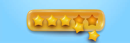 Five yellow glossy star in banner isolated on blue background. Realistic sweet 3d design element for quality rating. Cartoon colorful clay, plastic or soft toy. Beautiful vector illustration.のイラスト素材