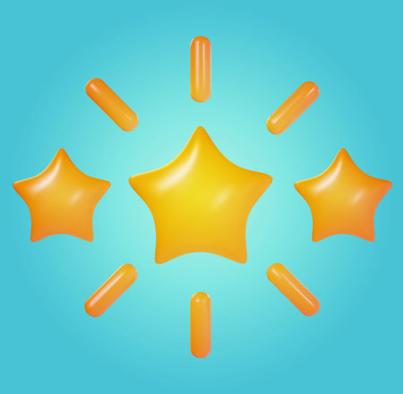 Three yellow glossy star with sunburst isolated on blue background. Realistic sweet 3d design element for quality rating. Cartoon colorful clay, plastic or soft toy. Beautiful vector illustration.のイラスト素材