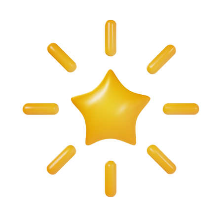 Cartoon yellow glossy star with sunburst isolated on white background. Realistic sweet design children element. Colorful clay, plastic or soft toy. Beautiful vector illustration.のイラスト素材