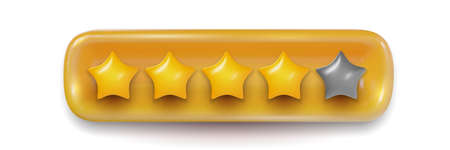 Five yellow glossy star in banner isolated on white background. Realistic sweet 3d design element for quality rating. Cartoon colorful clay, plastic or soft toy. Beautiful vector illustration.の写真素材