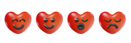 Set funny red heart with different emotion in kawaii style. Realistic cute cartoon character. Trendy 3d vector illustration. Collection simple creative design element. Modern concept art.の写真素材