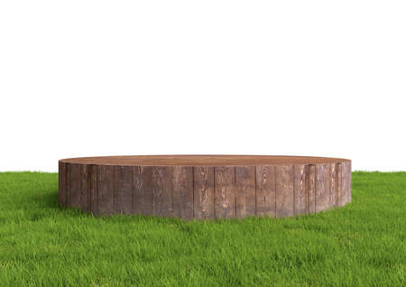 Round wood podium, pedestal or stand display on summer landscape with green grass isolated on white background. Realistic 3d illustration. Abstract nature composition.の写真素材