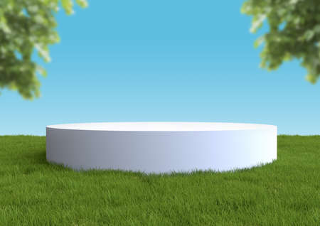 Round white podium, pedestal or stand display on summer landscape with green grass and blue sky. Realistic 3d illustration. Abstract nature composition.の写真素材