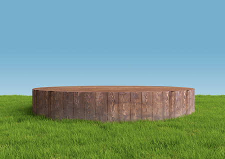 Round wood podium, pedestal or stand display on summer landscape with green grass and blue sky. Realistic 3d illustration. Abstract nature composition.の写真素材