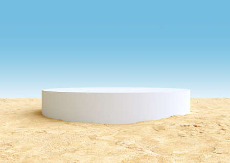 Round white podium, pedestal or stand display on summer desert landscape with sand and blue sky. Realistic 3d illustration. Abstract nature composition.の写真素材