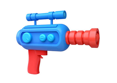 Cartoon alien space blaster gun. Funny realistic toy laser weapon. Cute colorful futuristic concept art isolated on white background. 3d render illustration.の写真素材
