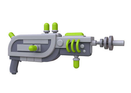 Cartoon alien space blaster gun. Funny realistic toy laser weapon. Cute colorful futuristic concept art isolated on white background. 3d render illustration.の写真素材