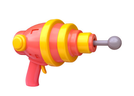 Cartoon alien space blaster gun. Funny realistic toy laser weapon. Cute colorful futuristic concept art isolated on white background. 3d render illustration.の写真素材