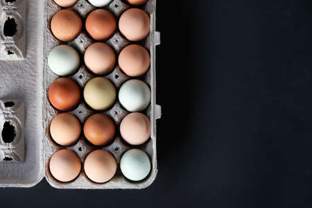 Fresh farm eggs from chicken shows flat lay of carton with room for text.の写真素材