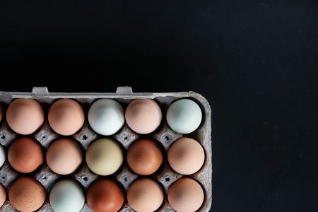Earthy tones of chicken eggs on black background with copy space, view from above of food.