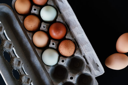 Earthy tones of chicken eggs on black background with copy space, view from above of food.  Blue,...