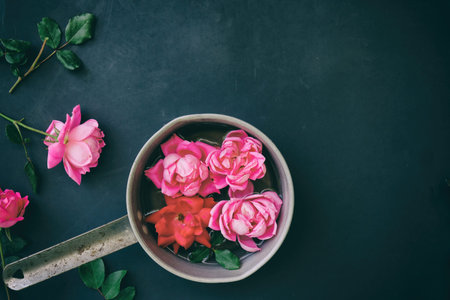 Pink roses float in pot with greenery on black background.  Copy space for romantic concept.の写真素材